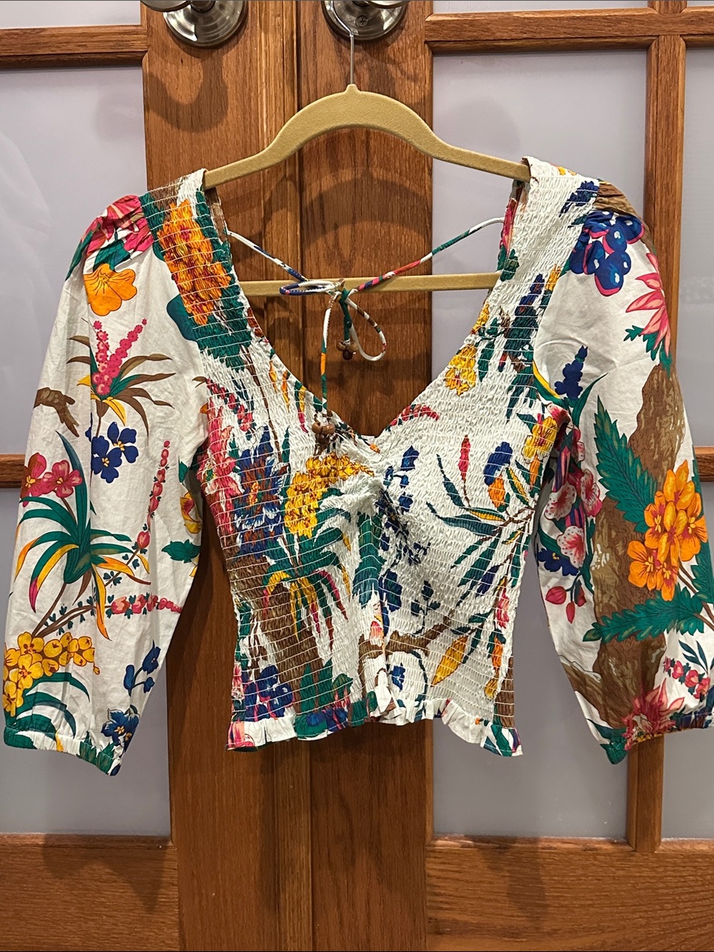 Floral Smocked Puff-Sleeve Cropped Blouse - White Multicolor